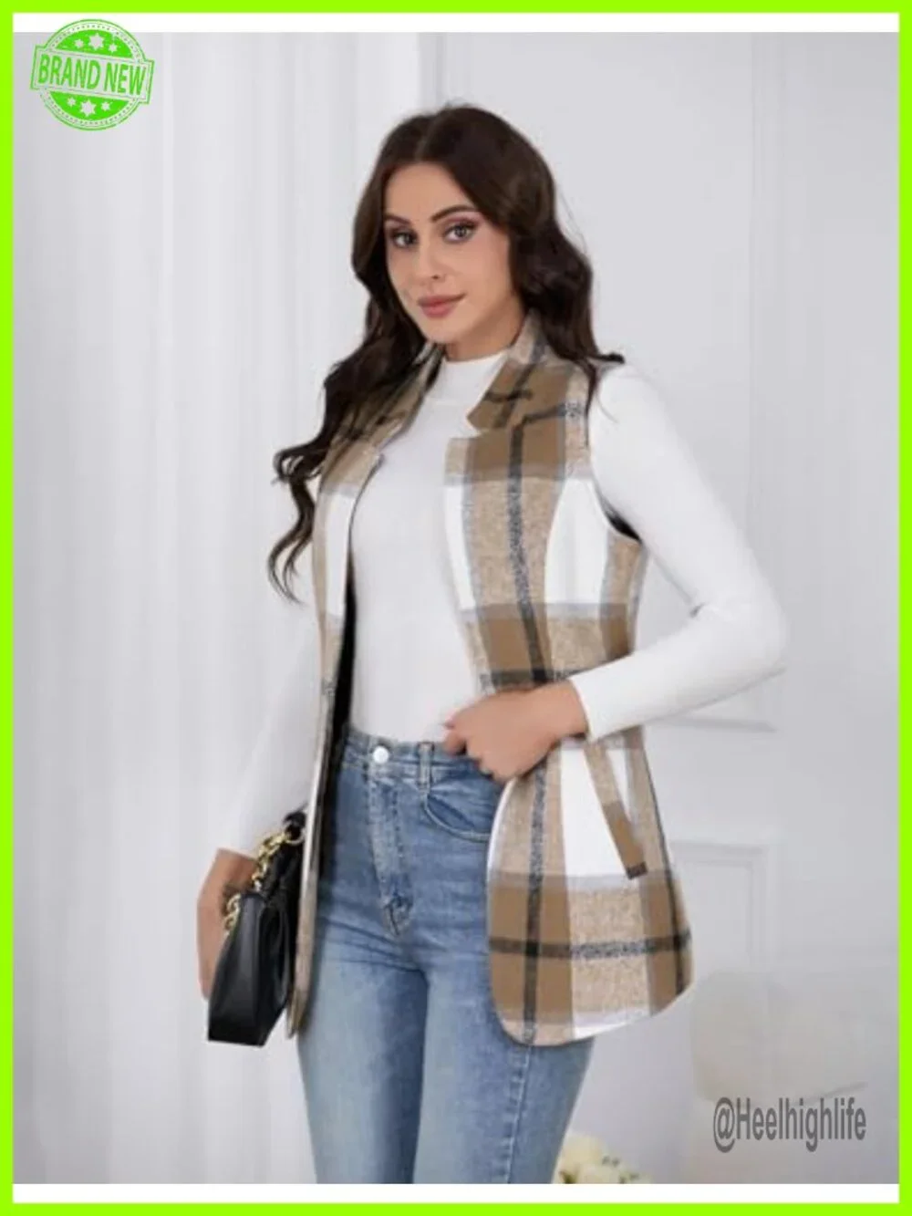 Wool Plaid Sleeveless Blazer Vest Open Front Cardigan